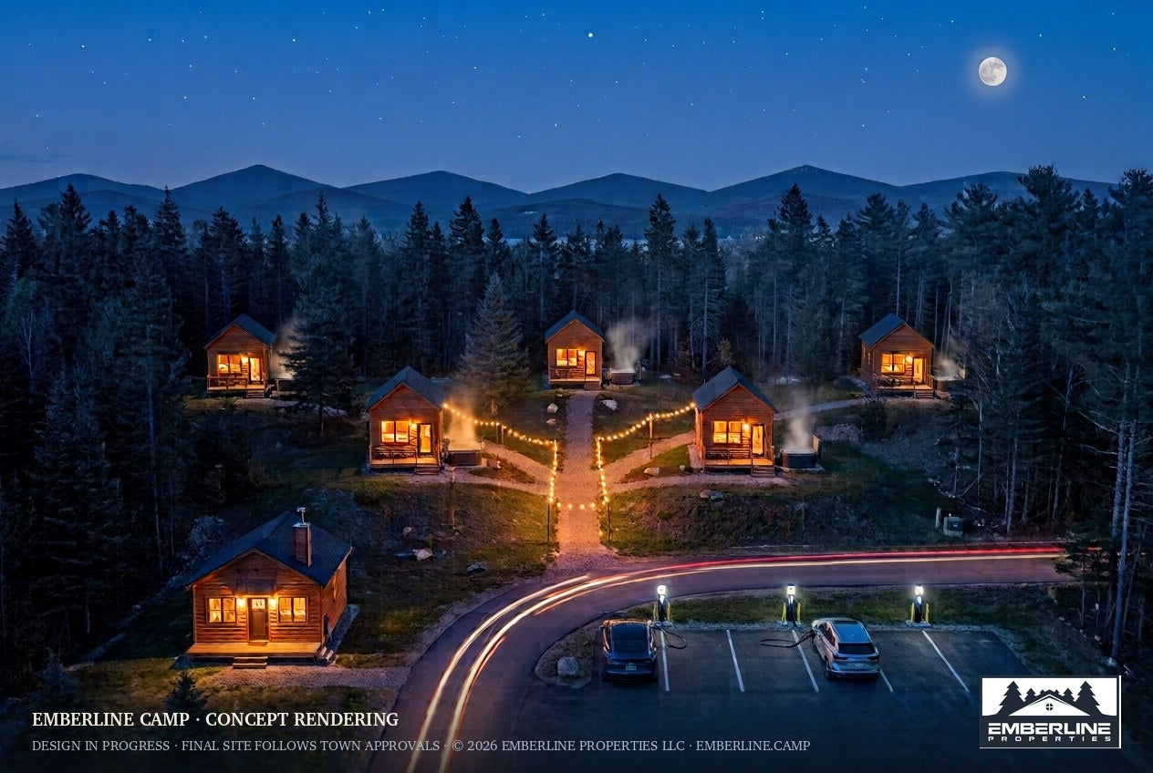 Concept rendering of the Emberline Camp compound — five cabins and a check-in lodge in woodland